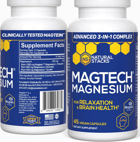 Natural Stacks MagTech Magnesium Supplement - Chelated Magnesium Complex - 3 Forms of Magnesium: Magtein Magnesium L-Threonate, Glycinate & Taurat...