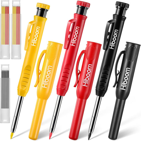 Hiboom 3 Pack Solid Carpenter Pencil with Pencil Cap and 21 Pcs Refills, Deep Hole Mechanical Pencil Marker with Built in Sharpener for Carpenter ...