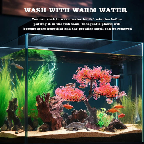 Aquarium Plants Decoration, Plastic Pink Cherry Blossom Tree & Grass Ornament, Tank or Aquarium Decorations, Suitable for Reptile Hermit Crab Liza...