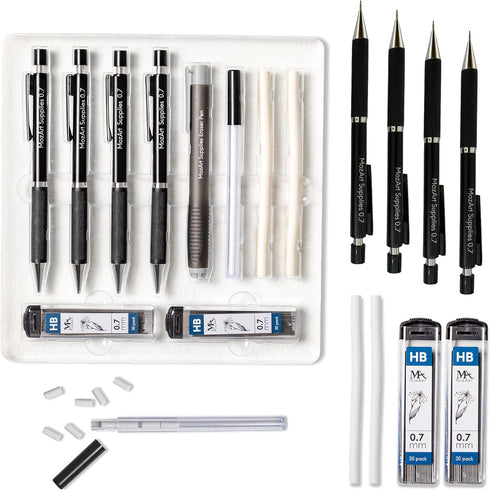 MozArt Mechanical Pencil 0.7mm Set with Case - With 2 x 30 HB Lead Refills, Eraser Pen With Refills -Sketch, Architecture, Drafting, Art, Drawing ...