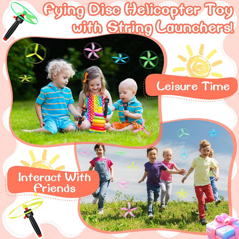 24 Pcs Flying Saucer Flying Disc Toy Helicopter Toy Disco Flyers Include 8 String Launchers and 16 Flying Saucer Flying Disc Launcher Flying Toys ...
