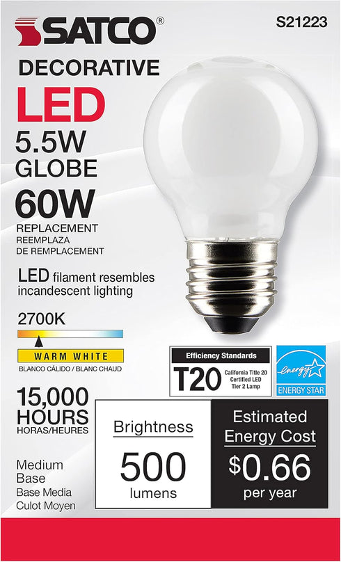 Satco 5.5-Watt LED E26 Light Bulb, 2700K, 15000 Hour Rating, Dimmable White...