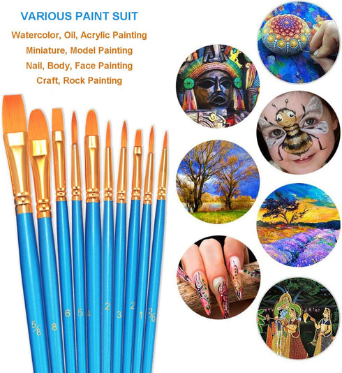 BOSOBO Paint Brush Set, 10pcs Round Pointed Tip Nylon Hair Artist Detail Paintbrushes, Professional Fine Acrylic Oil Watercolor Brushes for Face N...