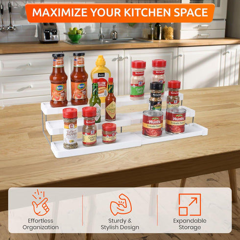 3 Tier Spice Rack Organizer - Expandable 3-Level Seasoning & Spice Organization for Cabinet, Pantry, Kitchen Countertop - Adjustable Length with S...
