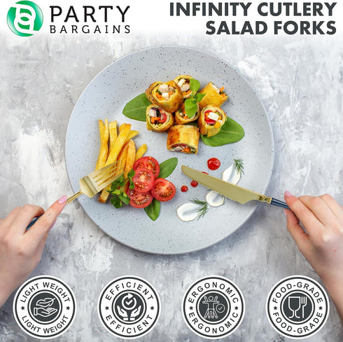 Party Bargains Disposable Plastic Navy Gold Salad Forks, Infinity Modern Design Utensils, 20 Pack...