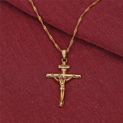 24K Gold Jesus Cross Necklace Religion Crucifix INRI Pendant Jewelry...