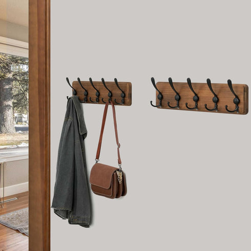 WEBI Rustic Coat Rack Wall Mount,Solid Wood Coat Hooks Wall Mounted Coat Hanger,16" Hole to Hole,Hook Rack Rail,5 Triple Hooks for Hanging Coats,J...
