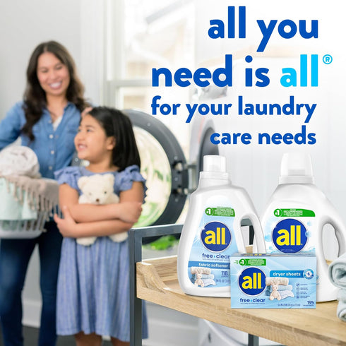 all Fabric Softener Dryer Sheets for Sensitive Skin, Free Clear, 195 Count...