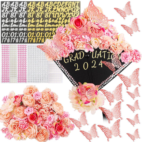 ywevyezc 58Pcs Graduation Cap Decoration kit Grad Cap Decoration Graduation Cap Faux Flowers 3D Butterfly Stickers Rhinestones Stickers kit for Gr...
