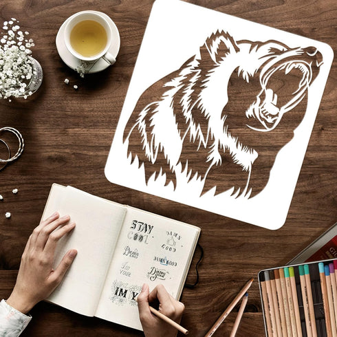 FINGERINSPIRE Growling Black Bear Stencil 11.8x11.8inch Square Growling Bear Painting Template Bear with Big Mouth Large Reusable Drawing Stencil ...