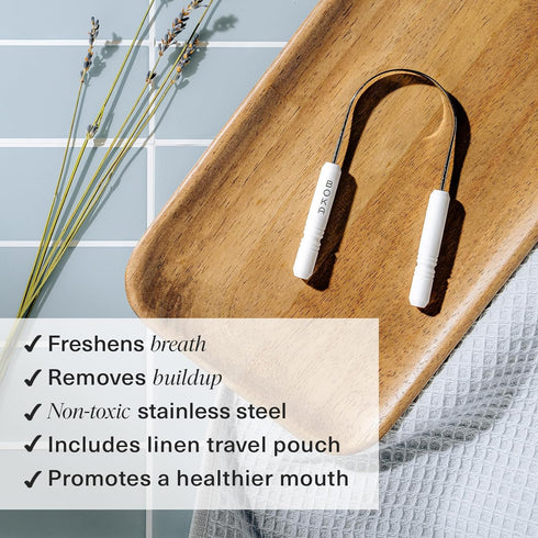 Boka Tongue Scraper for Adults & Kids with Case - Stainless Steel Tongue Cleaner w/Linen Travel Pouch - Scrubber to Remove Tongue Buildup and Fres...