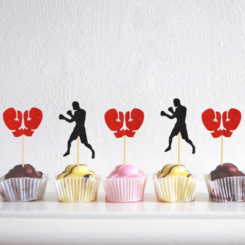 48Pcs Black Red Glitter Boxing Gloves Boxer Cupcake Toppers Fitness Cupcake Picks Boxer Birthday Party Decorations...