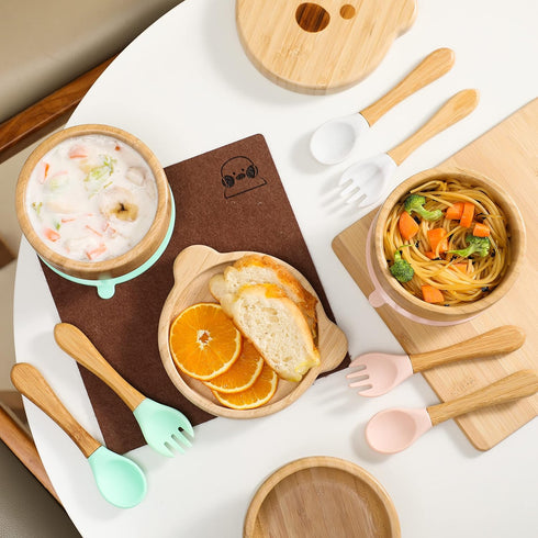 Baby Bowls with Lid - HBM Bamboo Suction Bowls for Baby and Spoon Set - 3PC Feeding Supplies Set for Infant, Toddlers - Detachable Silicone Suctio...