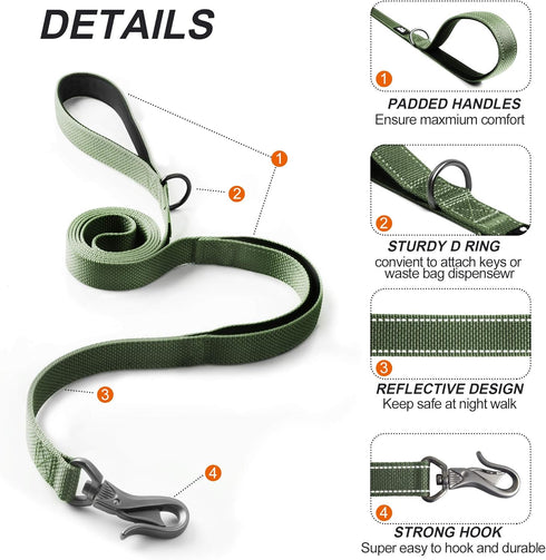 TwoEar 5FT 1IN Strong Green Dog Leash with 2 Padded Handles, Traffic Handle Extra Control, Comfortable Soft Dual Handle, Auto Lock Hook, Reflectiv...