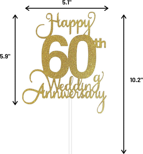 60th Wedding Anniversary Cake Topper, Wedding Anniversary Party Decoration with Premium Gold Glitter...
