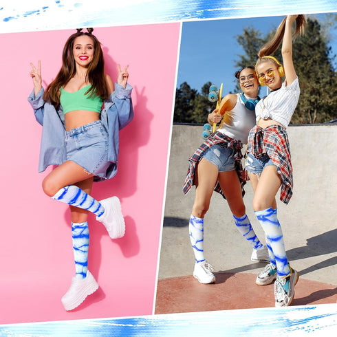 2 Pairs Sports Socks Unisex over the Calf Crew Socks Soft Cotton Soccer Socks Multisport Tube Socks for Youth Women (Blue,Tie Dye)...