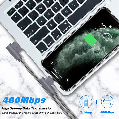 MFi Certified Lightning iPhone Charger Cord 90 Degree Fast Data Cable Nylon Braided Compatible with iPhone Xs Max/XS/XR/7/7Plus/X/8/8Plus/6S/6S Pl...