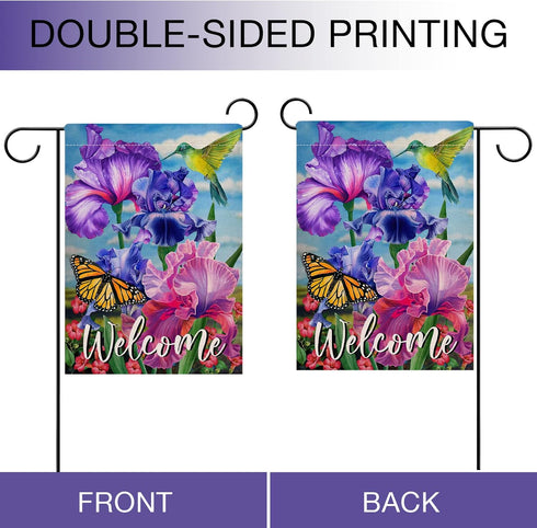 Welcome Spring Hummingbird Iris Garden Flag Double Sided, Purple Flower Bird Yellow Butterfly Decorative House Yard Outdoor Small Decor, Summer Fl...