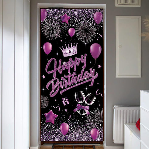 Purple Happy Birthday Door Banner Black Party Decorations for Women Girls Large Cover Backdrop Supplies Background Poster Photo Booth...