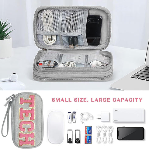 Electronics Accessories Organizer Bag with Chenille Letter Patch TECH for Women Travel Gifts, Traveling Essentials Compact Case Waterproof Must Ha...