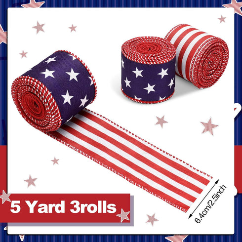 XunYee 3 Rolls Patriotic Ribbons American Flag Double Sided Star Striped Wired Ribbon Red Blue White Ribbons for Memorial Day 4th of July Independ...