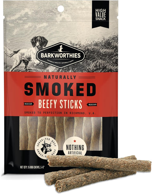 Barkworthies USA Hickory Smoked Beef Stick Dog Treats 15-Pack - Amazing Aroma, Great Taste - All Natural Smoked Crunchy Dog Treats - Puppy & Dog T...