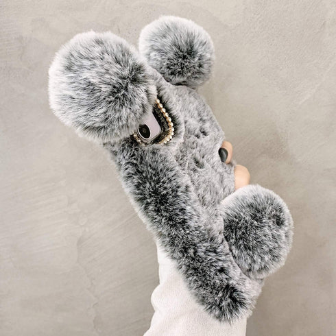 LUVI for iPhone 12 Pro Max Plush Furry Case Fuzzy Fluffy Ball Rabbit Faux Fur Hair Cute Cartoon Bear Ear with Bling Glitter 3D Diamond Bowknot Cam...
