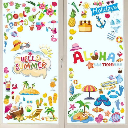 Summer Window Decals Removable Beach Window Stickers Summertime Gel Window Clings Double Sided Printed for Glass Window Decorations...