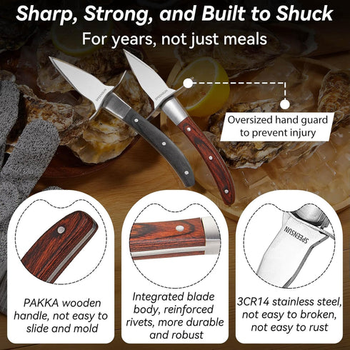 Oyster Shucking Knife,Oyster Shucker,2 Set Sturdy Sharpness Oyster Knife With Comfort Wood-handle,Oyster Shucking Kit With 1 Pairs Of Level 5 Prot...