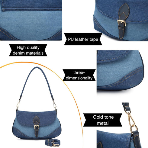 Denim Handbag for Women -Girl's Shoulder Bag Elegant Blue Jean CanvasTote Cute Small Chic Clutch with Secure Buckle Closure-2 Straps (Fixed and Ad...