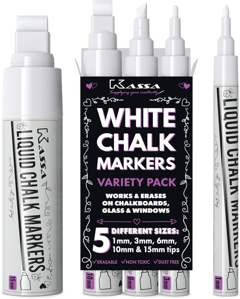 Kassa 5-Pack White Chalk Markers | Includes 1mm, 3mm, 6mm, 10mm & 15mm Tips | Works on Chalkboards, Windows & Glass | Erasable, Dust-Free & Washab...