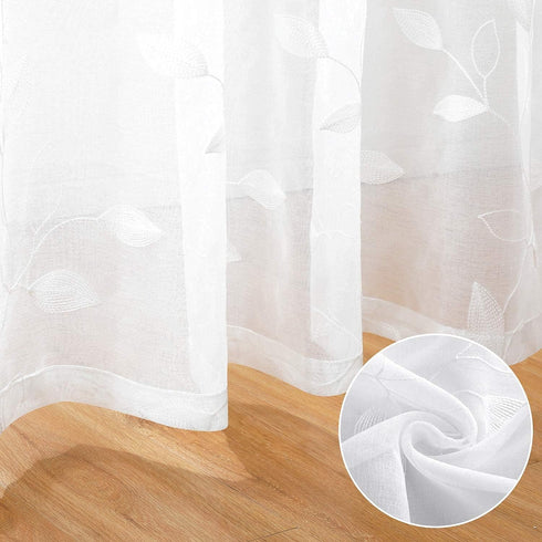 HOMEIDEAS White Sheer Curtains 52 X 63 Inches Length 2 Panels Embroidered Leaf Pattern Pocket Faux Linen Floral Semi Sheer Voile Window Curtains/D...