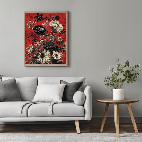 Posterizer 1 pcs-gothic art-white & black flowers-red background-Floral & Botanical Art-Abstract & Modern Art-Decor for Home & Office- UNFRAMED Wa...