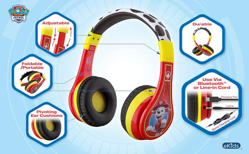 eKids Paw Patrol Kids Bluetooth Headphones, Wireless Headphones with Microphone includes Aux Cord, Volume Reduced Kids Foldable Headphones for Sch...