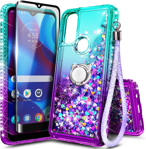 NZND Case for Motorola Moto G Pure/Moto G Play 2023/ Power 2022 with Tempered Glass Screen Protector, Ring Holder/Wrist Strap, Glitter Floating Li...