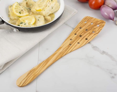 Eddington Italian Olive Wood Wide Pierced Spatula, Handcrafted in Europe, 12.5-Inches...