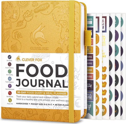 Clever Fox Food Journal Pocket - Daily Food Diary, Meal Planner to Track Calories & Nutrients, Weight Loss Tracker Notebook, 4x5.5” (Amber Yellow)...