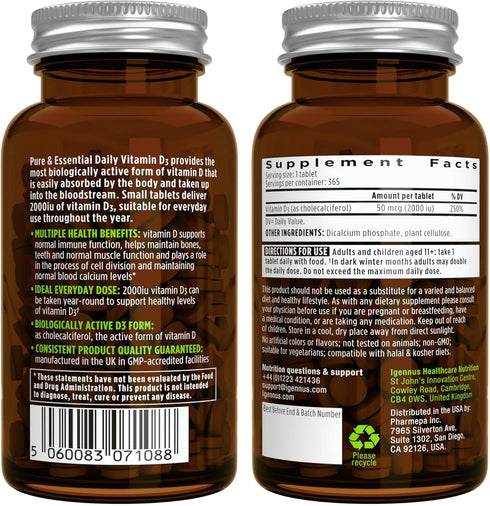 Pure & Essential Daily Vegetarian Vitamin D3 2000iu, Cholecalciferol, 365 Small Tablets, 1-A-Day 1-Year Supply, by Igennus...