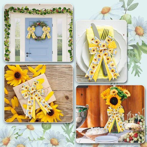AnyDesign Sunflower Dot Wired Edge Ribbon Yellow White Craft Ribbon Summer Floral Fabric Ribbon for DIY Crafts Wreath Bow Making Wrapping Party De...
