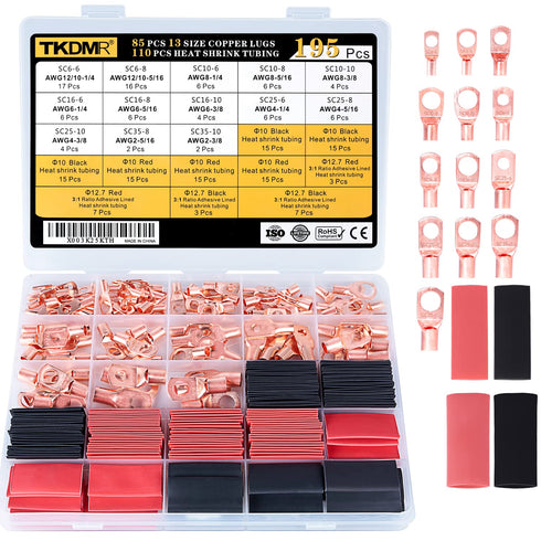 TKDMR 195Pcs Copper Wire Lugs AWG2 4 6 8 10 12 with Heat Shrink Set, 85Pcs Battery Cable Lugs Battery Cable Ends Ring Terminals Connectors with 11...