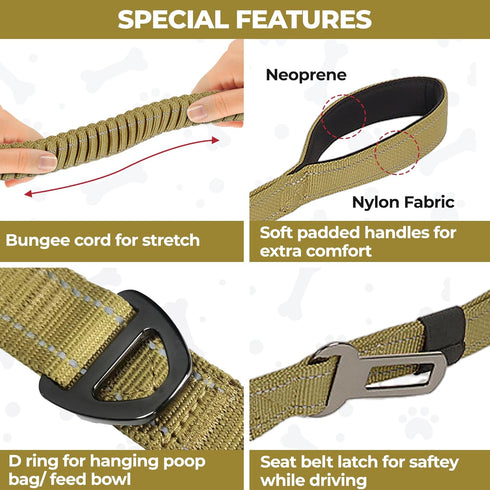 Urban Upstyle Double Handle Heavy Duty Dog Leash with Bungee Cord Stretch Seat Belt Latch and Poop Bag Dispenser (Army Green)...