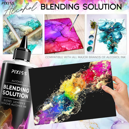 Alcohol Ink Blending Solution (4-Ounce), Pixiss Alcohol Ink Blending Solution Tools, Pixiss Needle Tip Applicator and Refill Bottles and Funnel - ...
