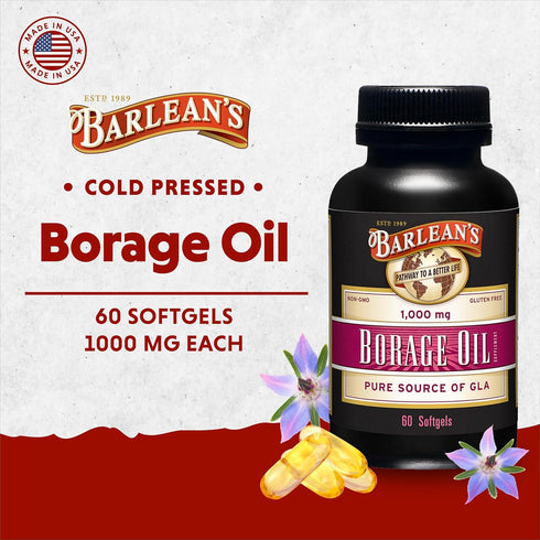 Barlean's Borage Oil Supplements, Cold Pressed Pure Borage Seed Oil Supplement Softgels for Men and Women, 1000 mg GLA Fatty Acids, 60 Count...