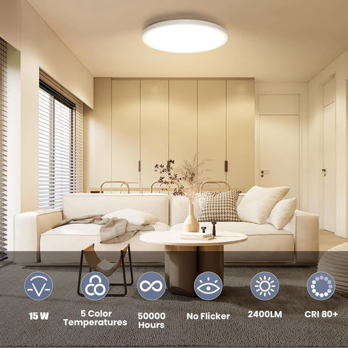 NIORSUN 7 Inch LED Ceiling Lights,5CCT Lighting Options Dimmable flush Mount ceiling light,15W Bathroom Ceiling Lights,Flat Ceiling Light,Low Prof...