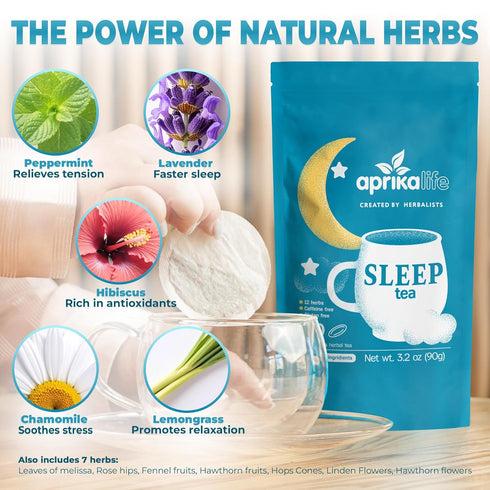 Aprika Life Sleep Tea for Bedtime Relaxation & Stress Relief – Natural Caffeine-Free Herbal Nighttime Tea with Chamomile, Lavender, Mint & Hibiscu...