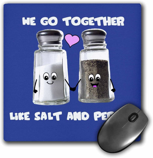 3dRose We Go Together Like Salt and Pepper, Cute Smiling Cartoon Condiments Shakers in Love, Navy Blue Mouse Pad (mp_58328_1)...