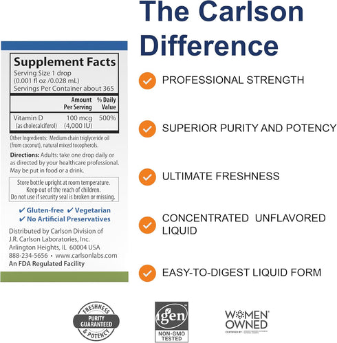 Carlson - Super Daily D3 4,000 IU (100 mcg) per Drop, Vitamin D Drop, Liquid Vitamin D3, 1-Year Supply, Unflavored, 365 Drops (10.3 mL)...
