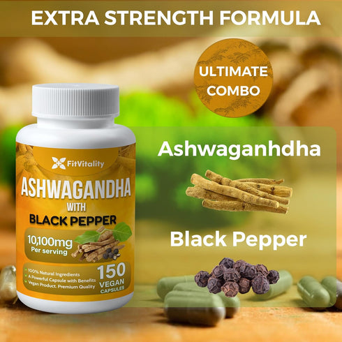 Ashwagandha Capsules, 150 Vegan Capsules, 10,100 Mg per Capsule – 100% Natural Ashwagandha Root Extract Powder and Black Pepper Extract, Non-GMO, ...