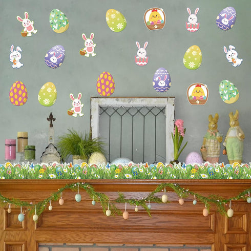 72 PCS Easter Cutouts for Bulletin Board Decoration, Easter Egg Bunny Rabbits Paper Cutouts Grass Border for Easter Spring Party Home Office Schoo...