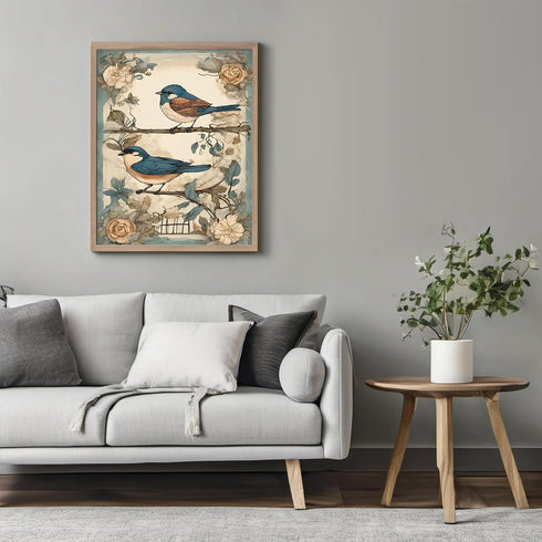 Posterizer 1 pcs- Two blue birds with wild flowers arround them-Art for Animal Lovers-Floral Botanical Art- Gift for Men Women Teens-Decor for Ho...